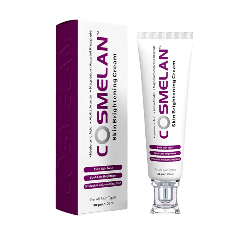 Cosmelan Skin Brightening Cream tube and purple packaging box showing skincare product for evening skin tone and reducing dark spots