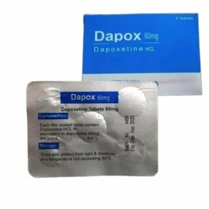Dapox 60mg medication package showing blue and white box with corresponding blister pack containing dapoxetine HCl tablets