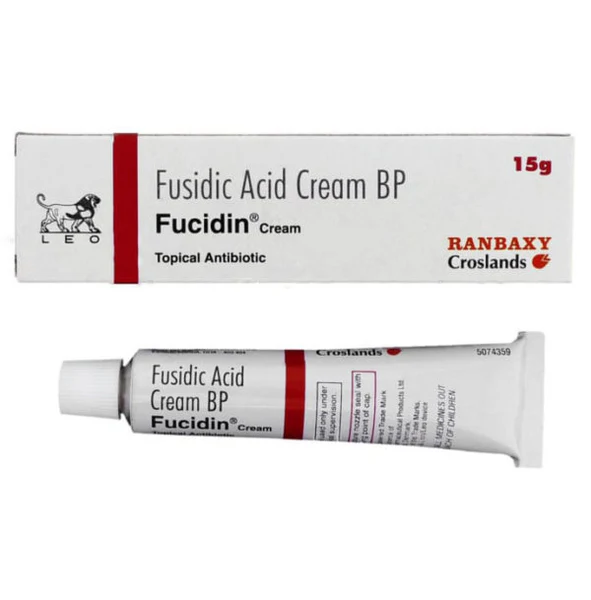 Fucidin cream tube and box, white pharmaceutical packaging with red accents for topical antibiotic
