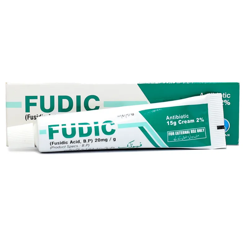 Fudic cream tube and box packaging showing topical antibiotic medication with white and green design