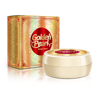 Golden Pearl Cream jar with ornate golden packaging box on white background