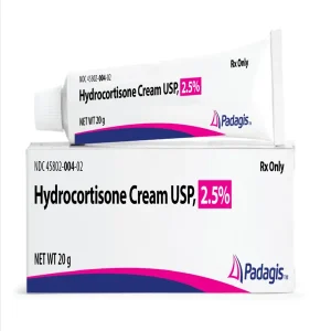 Two boxes of Hydrocortisone Cream USP 2.5% by Padagis, prescription medication in 20g tubes, stacked on white background