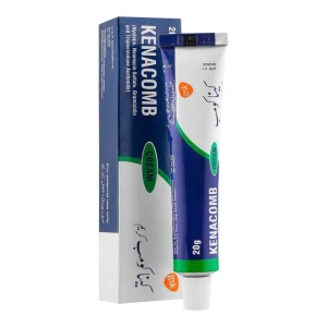 Kenacomb Cream topical medication tube and packaging box showing a 10g white tube with green accents and blue product box