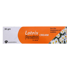 Lotrix Permethrin 5% cream 30g box packaging by GlaxoSmithKline with orange and white design and daisy flowers for scabies treatment
