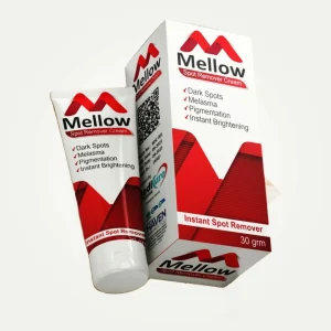 Mellow Spot Remover Cream 30g tube and box packaging with red and white design for treating dark spots, melasma, and pigmentation