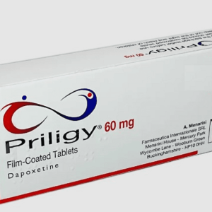 Priligy 60mg medication box showing white pharmaceutical packaging with red and blue branding for dapoxetine film-coated tablets