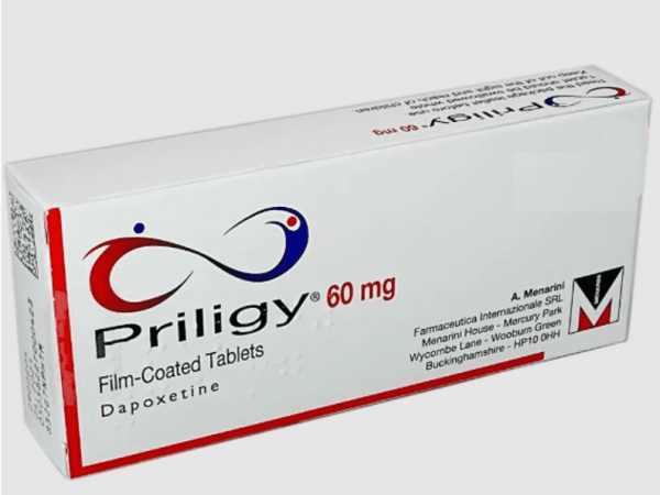 Priligy 60mg medication box showing white pharmaceutical packaging with red and blue branding for dapoxetine film-coated tablets