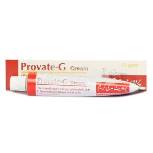 Provate G cream tube and packaging box showing a 15 gram topical medication with red and white design