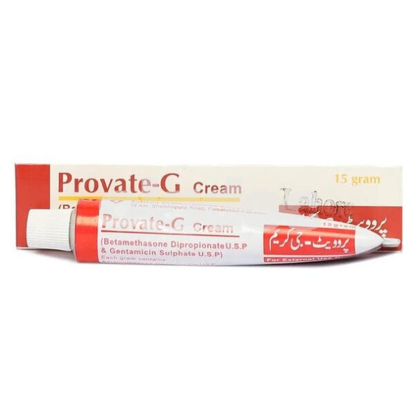 Provate G cream tube and packaging box showing a 15 gram topical medication with red and white design
