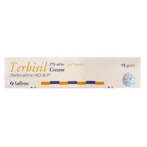 Terbisil Cream 1% w/w 15g box packaging containing terbinafine HCl B.P. antifungal medication by Saffron pharmaceuticals with beige and orange design