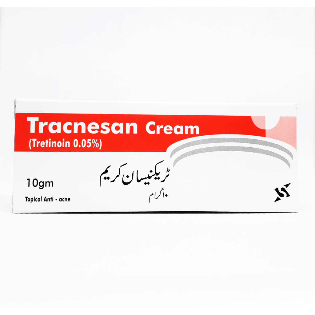 Tracnesan Cream packaging box showing a 10g topical anti-acne medication containing Tretinoin 0.05% with red and white design