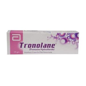 Tronlane cream 20g box packaging containing pramoxine hydrochloride anesthetic cream for piles and hemorrhoids with purple and white design
