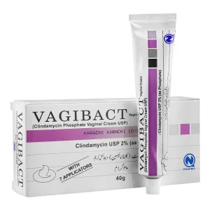 Vagibact vaginal gel tube and packaging box showing clindamycin USP 2% medication for vaginal bacterial infections