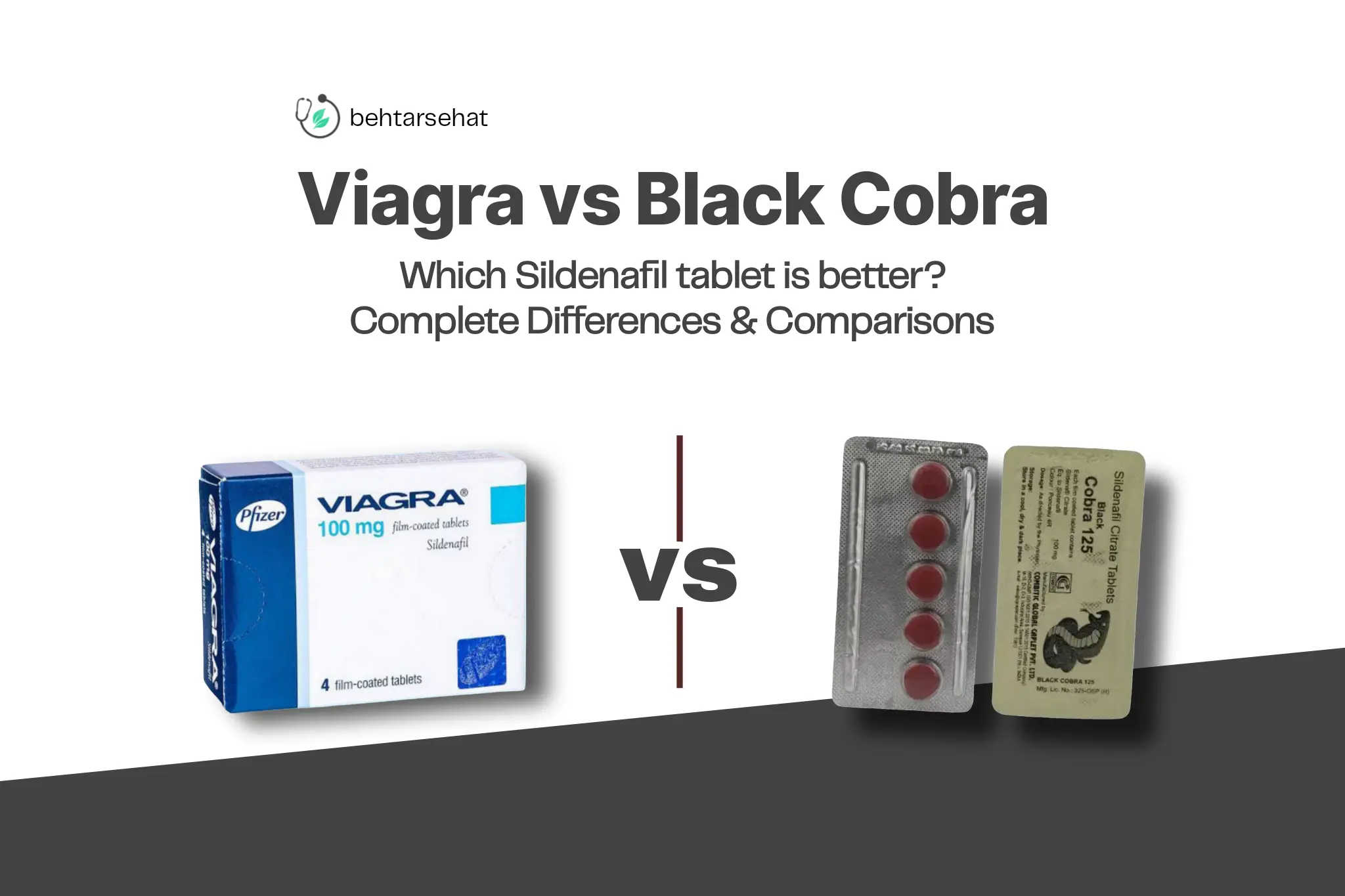 Comparison image showing a blue Viagra tablet and a Black Cobra tablet side by side.