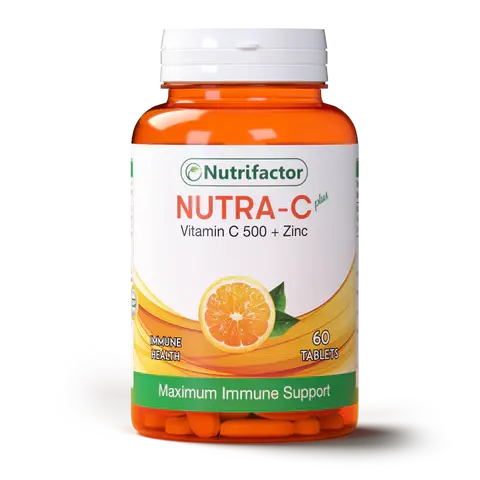 Nutrifactor Nutra-C Plus Tablets bottle – vitamin C and zinc supplement for immunity