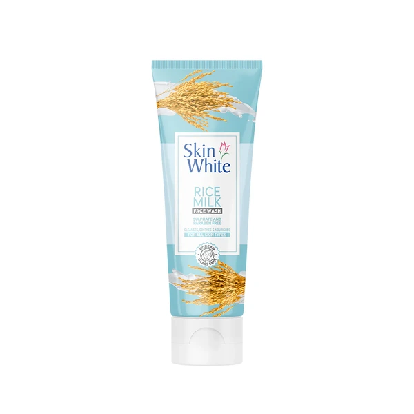 Rice Milk Face Wash tube with natural ingredients like rice and milk in the background