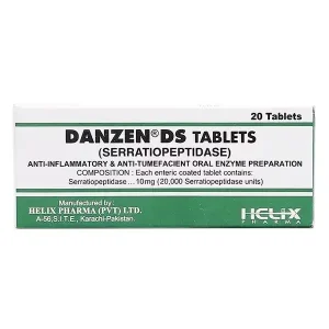Danzen DS Tablet medication package box showing 20 tablets of serratiopeptidase anti-inflammatory enzyme preparation manufactured by Helix Pharma