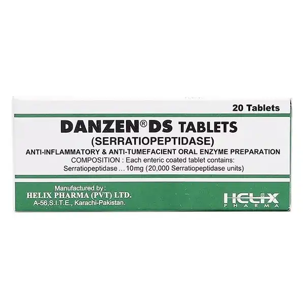Danzen DS Tablet medication package box showing 20 tablets of serratiopeptidase anti-inflammatory enzyme preparation manufactured by Helix Pharma