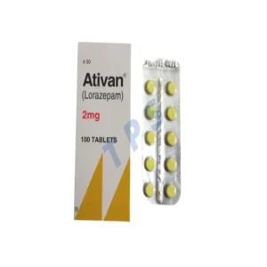Ativan 2mg Lorazepam tablets box and blister pack, 100 yellow tablets for anxiety treatment