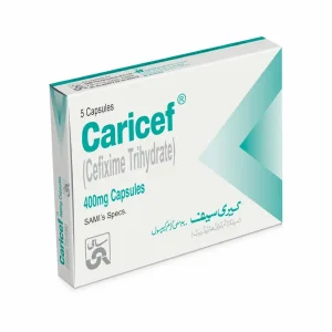 Caricef 400mg Cefixime Trihydrate capsules package containing 5 capsules, manufactured by SAMI's Specs