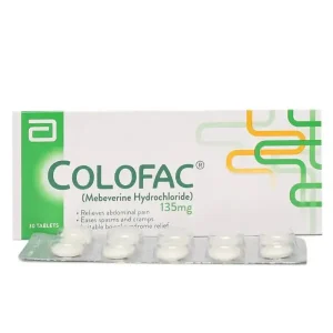Colofac 135mg Mebeverine Hydrochloride tablets package with blister pack showing white tablets, manufactured by Abbott