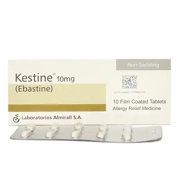 Kestine 10mg ebastine tablets box and blister pack showing white film-coated tablets by Laboratorios Almirall S.A.