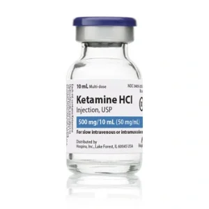 Ketamine HCl injection vial, 500mg/10mL (50mg/mL), clear glass bottle with blue cap and prescription medication label
