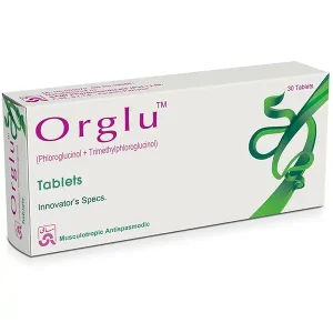 Orglu tablets package containing Phloroglucinol and Trimethylphloroglucinol, 30 tablets by Innovator's Specs, musculotropic antispasmodic medication