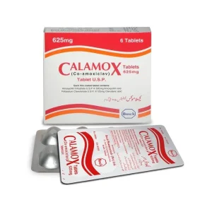 Calamox tablets 625mg box and blister pack, co-amoxiclav antibiotic medication, 6 tablets total