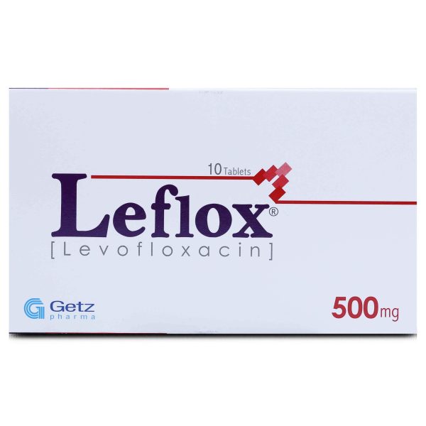 Leflox 500mg levofloxacin tablets box, 10 tablets by Getz Pharma with white and red design