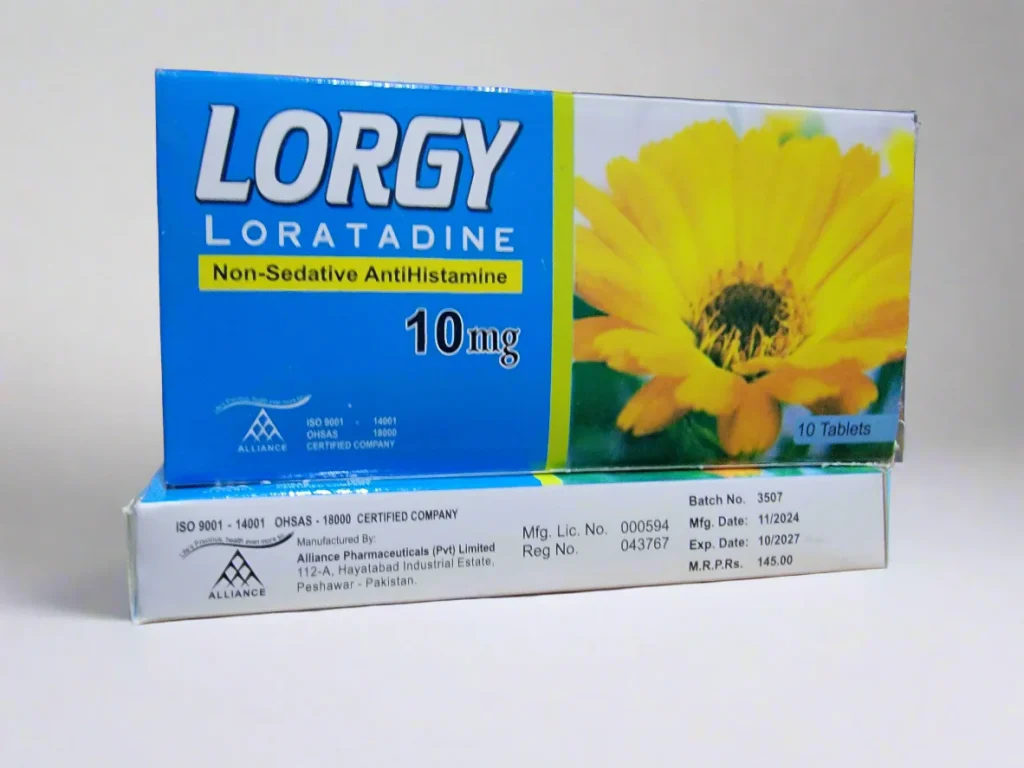 Lorgy 10mg Loratadine non-sedative antihistamine tablets package with blister pack showing 10 white tablets, featuring yellow flower design