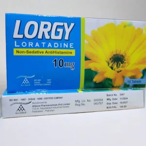 Lorgy 10mg Loratadine non-sedative antihistamine tablets package with blister pack showing 10 white tablets, featuring yellow flower design
