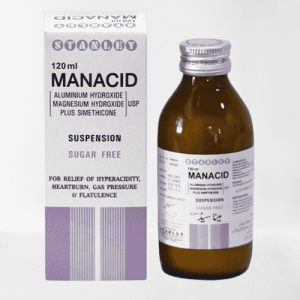 Manacid syrup containing Aluminium Hydroxide, Magnesium Hydroxide USP plus Simethicone, sugar-free antacid medication in amber glass bottle