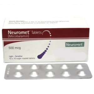 Neuromet tablet box and blister pack, vitamin B12 supplement for nerve health