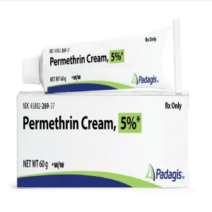 Permethrin Cream 5% prescription medication tube and box by Padagis, 60g topical treatment for scabies and lice