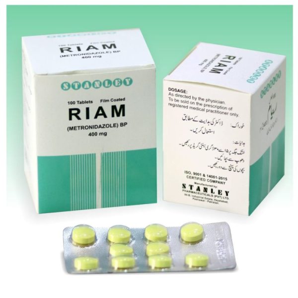 RIAM 400mg metronidazole tablets box by Stanley pharmaceuticals showing front and back packaging with blister pack of yellow film-coated tablets