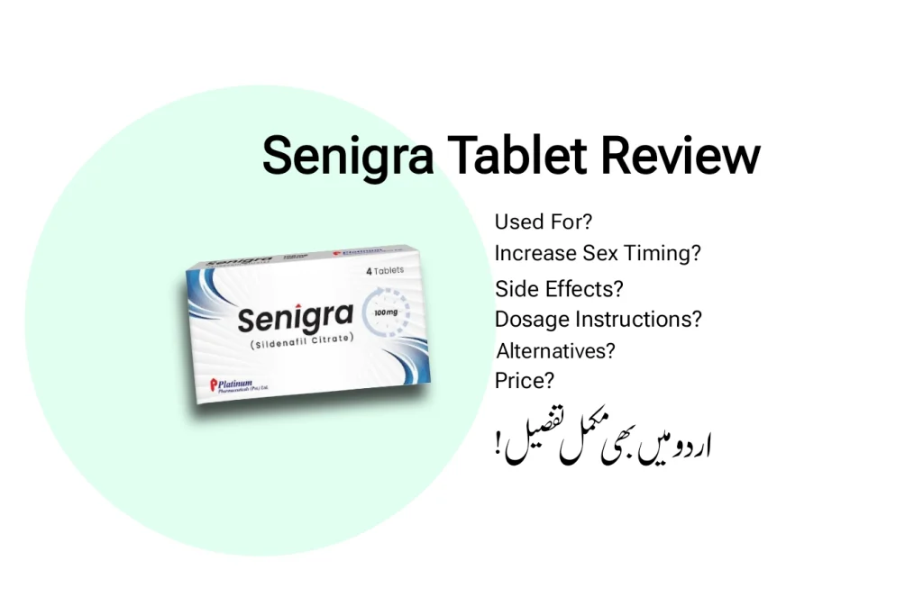 Senigra Tablet Review image showing Senigra (Sildenafil Citrate 100mg) pack with details about uses, side effects, dosage, alternatives, and price in Urdu and English.
