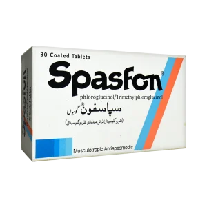 Spasfon tablets box containing phloroglucinol/trimethylphloroglucinol, 30 tablets for musculotropic antispasmodic treatment