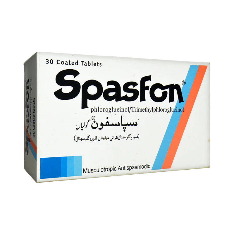Spasfon tablets box containing phloroglucinol/trimethylphloroglucinol, 30 tablets for musculotropic antispasmodic treatment