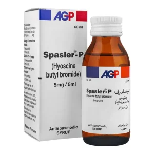 Spasler-P antispasmodic syrup bottle and packaging box showing hyoscine butyl bromide 5mg/5ml medication by AGP pharmaceuticals