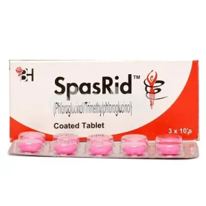 SpasRid coated tablets containing Phloroglucinol and Trimethylphloroglucinol, package showing 30 pink tablets in blister packs (3 x 10's)