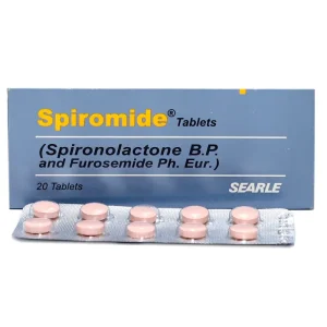 Spiromide tablets package containing Spironolactone B.P. and Furosemide Ph. Eur., showing 20 pink tablets in blister packs, manufactured by Searle