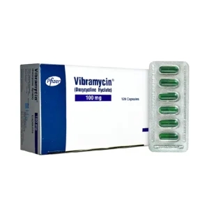 Vibramycin 100mg Doxycycline Hyclate capsules package by Pfizer showing 120 green and white capsules in blister packs