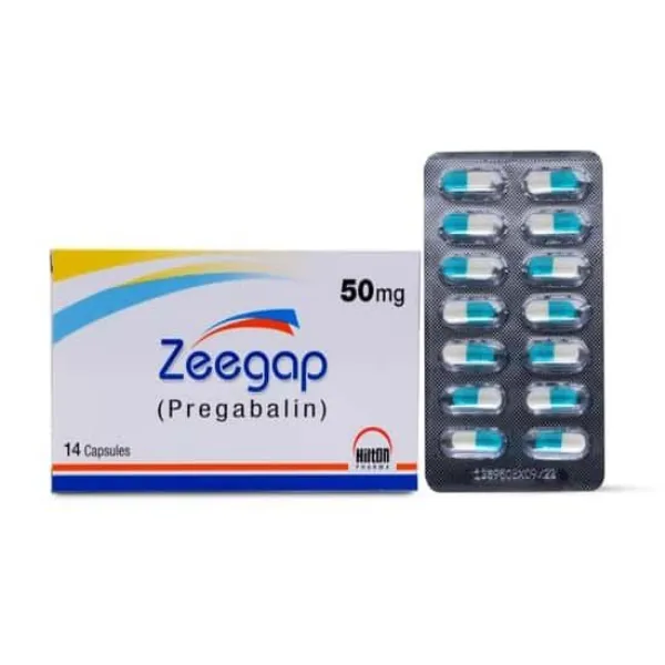 Zeegap capsule box and blister pack showing 14 blue and white capsules