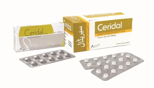 Ceridal cetirizine hydrochloride 5mg and 10mg film-coated tablets by Axim, showing two box sizes with blister packs for allergy relief