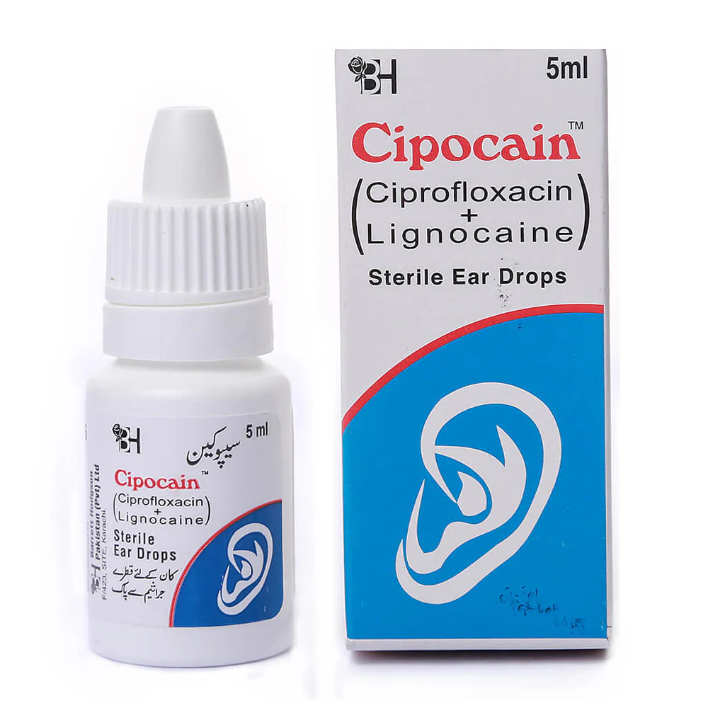 Cipocain sterile ear drops 5ml - Ciprofloxacin and Lignocaine combination for ear infection treatment and pain relief