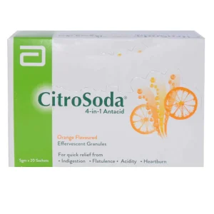 CitroSoda 4-in-1 antacid orange flavored effervescent granules box containing 20 sachets of 5gm for indigestion, flatulence, acidity and heartburn relief