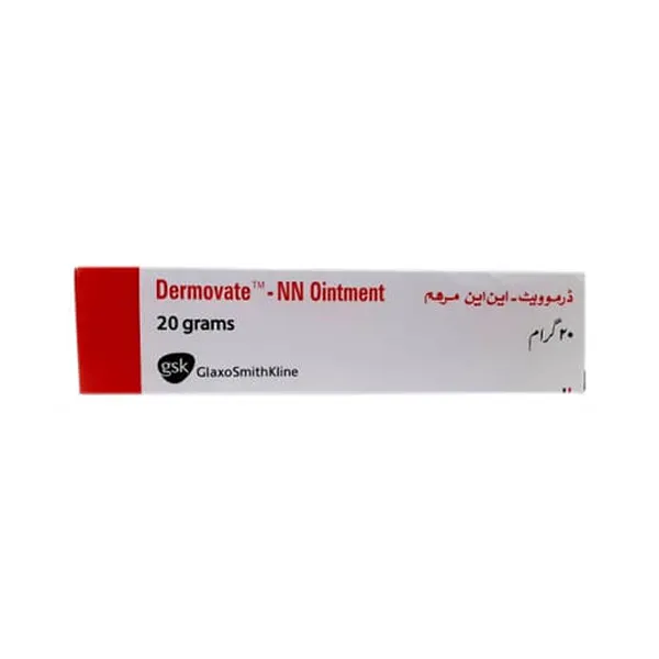 Dermovate-NN Ointment 20 grams box, manufactured by GlaxoSmithKline, white and red packaging with bilingual labeling in English and Urdu