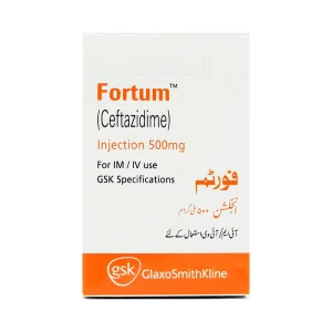 Fortum Ceftazidime 500mg injection vial by GlaxoSmithKline for IM IV use antibiotic medication packaging