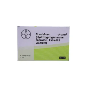 Gravibinan injection box by Bayer, containing hydroxyprogesterone caproate, estradiol valerate, 1 ampule of 2ml for pregnancy support